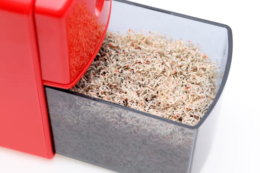 Red pencil sharpener with pencil trash on white background