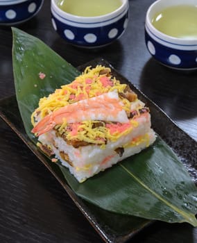 Shrimp sushi with green tea, japanese cuisine