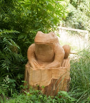 a frog statue carved out of wood  Suffolk  UK