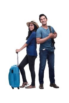 Traveler asian couple with backpack and suitcase standing isolated over white background
