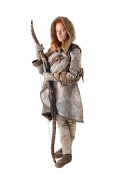 girl archer in a costume with bow isolated in white