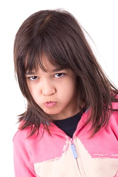 Funny young girl making faces isolated in white