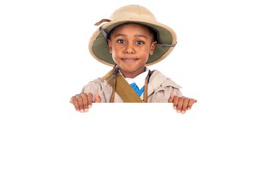 Young boy playing Safari isolated in white