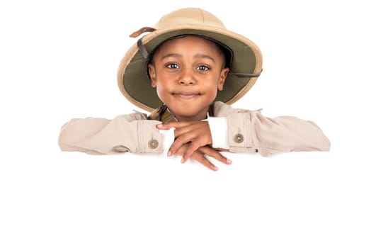 Young boy playing Safari isolated in white