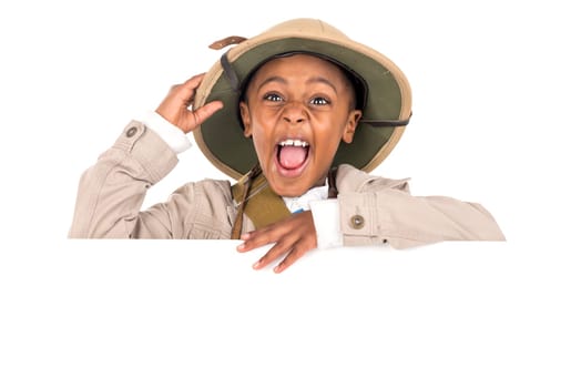 Young boy playing Safari isolated in white