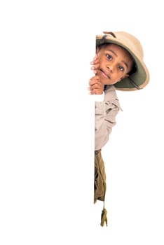 Young boy playing Safari isolated in white