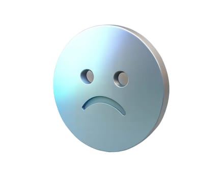 A modern holographic 3D icon representing a sad face, isolated on white background. This metallic design showcases a futuristic emotion symbol, perfect for digital, graphic design, and emotive content