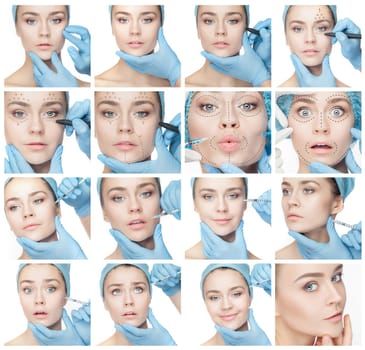Attractive woman at plastic surgery with syringe in her face. Collage