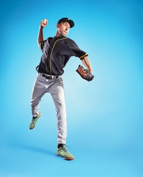 The one caucasian man as baseball player playing against blue sky. Collage