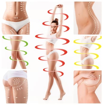 Female body with a cycle arrows. Fat lose, healthy eating and nutrition concept. Collage