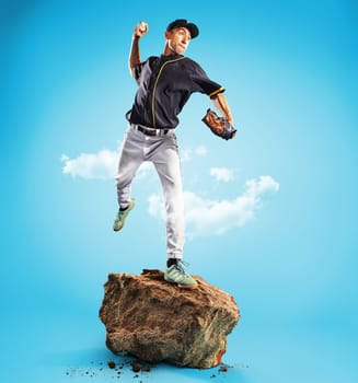 The one caucasian man as baseball player playing against blue sky. Collage