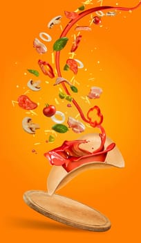 Tasty pizza and falling ingredients on orange background. Collage