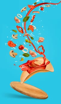 Tasty pizza and falling ingredients on blue background. Collage