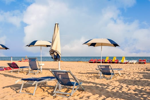 Umbrella beach for relaxing and sun set beach. Bibione, Italy