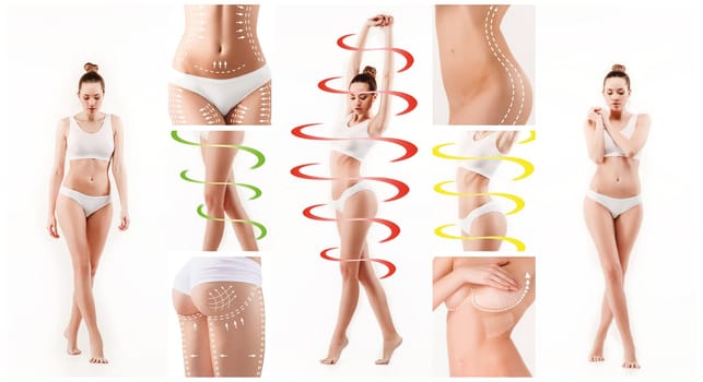Female body with a cycle arrows. Fat lose, healthy eating and nutrition concept. Collage