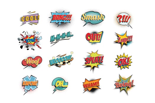 Set collection comic phrases words. cool bang smash boom mmm out zap woof vroom splat ok kapow oh wham boing. Pop art retro vector illustration