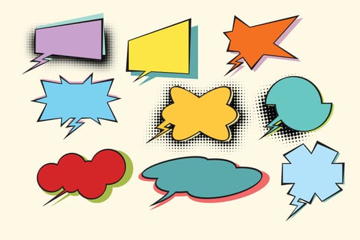 set of colored comic bubbles with halftone effect. Pop art retro vector illustration