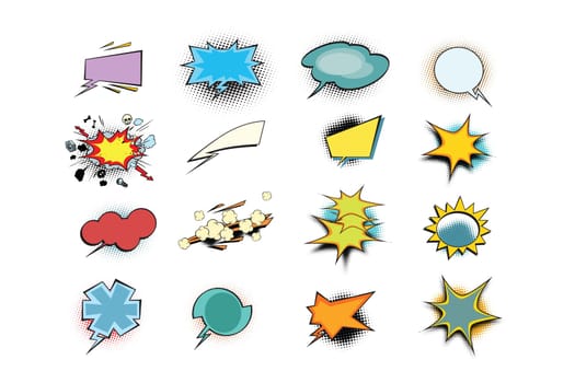 set of colored comic book bubbles isolated on white background. Halftone effect. Pop art retro vector illustration