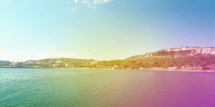 Colorful panoramic view of the coast of Black Sea, Balchik city, Bulgaria.