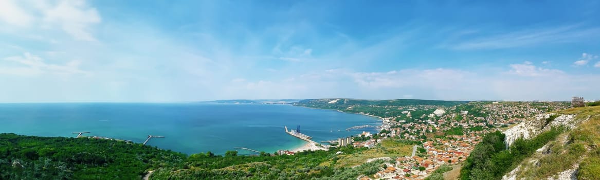 Beautiful panorama of the coast of the Black Sea in Balchik city, Bulgaria. Vacation and holiday screensaver