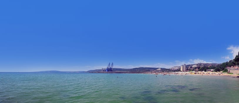 Summer vacation background with the seashore panoramic view of the coast of Black Sea, Balchik city, Bulgaria