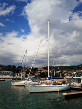 Group of sail boats in the sea at the coast of Balchik, Bulgaria. Travel and vacation concept