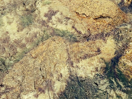 Golden underwater texture with the light on a rocky seafloor with stone pieces and moss