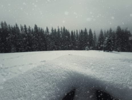 Wooden fence covered with snow on a beautiful mountains background with fir forest and falling snowflakes.