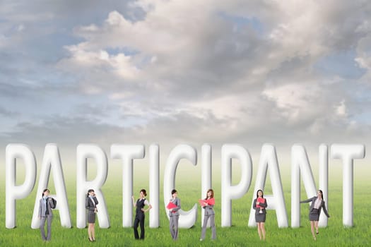 Concept of partner, friends,collaborate with group of business people stand with 3d text.