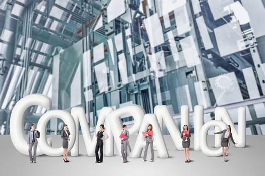 Concept of partner, friends,collaborate with group of business people stand with 3d text.