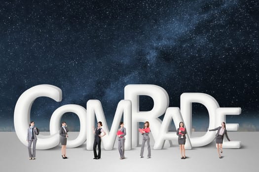 Concept of partner, friends,collaborate with group of business people stand with 3d text.