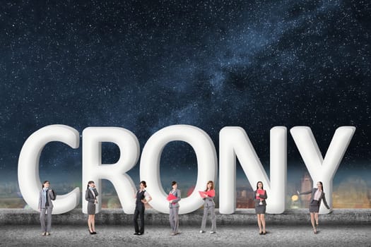 Concept of partner, friends,collaborate with group of business people stand with 3d text.