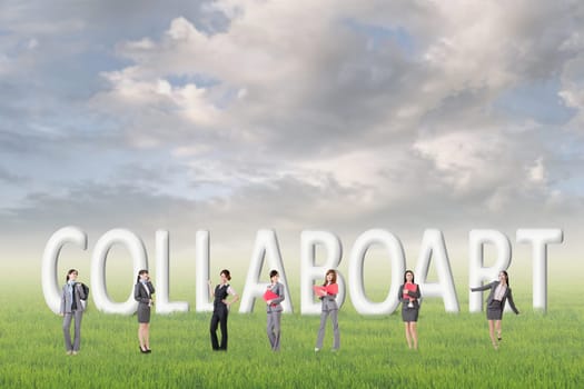 Concept of partner, friends,collaborate with group of business people stand with 3d text.