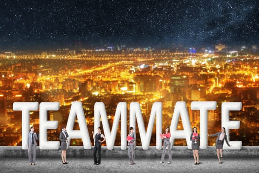 Concept of partner, friends,collaborate with group of business people stand with 3d text.