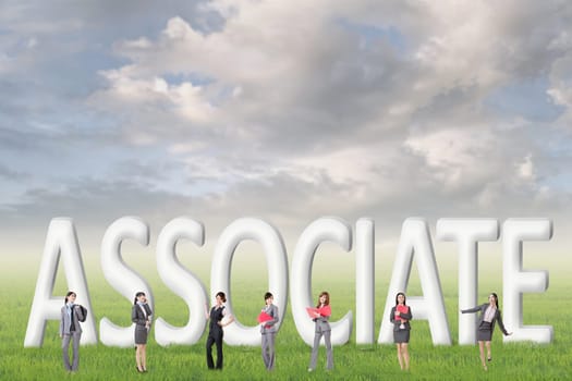 Concept of partner, friends,collaborate with group of business people stand with 3d text.