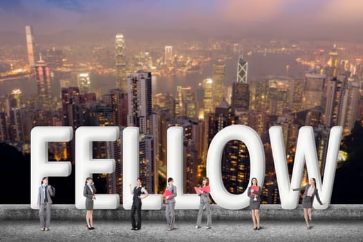 Concept of partner, friends,collaborate with group of business people stand with 3d text.