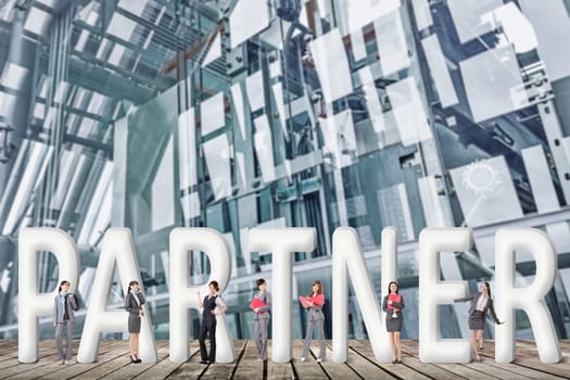 Concept of partner, friends,collaborate with group of business people stand with 3d text.