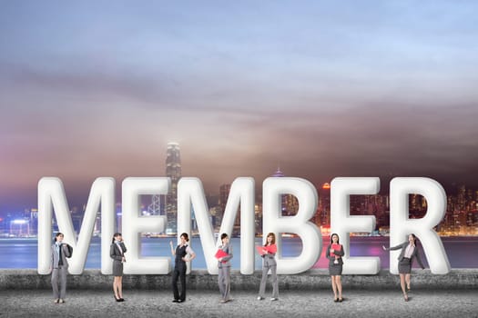 Concept of partner, friends,collaborate with group of business people stand with 3d text.