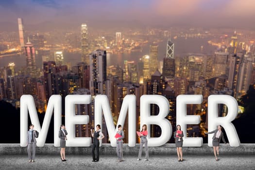 Concept of partner, friends,collaborate with group of business people stand with 3d text.
