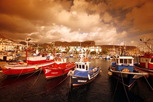 the harbour of the fishing village of Puerto de Mogan in the south of Gran Canay on the Canary Island of Spain in the Atlantic ocean.