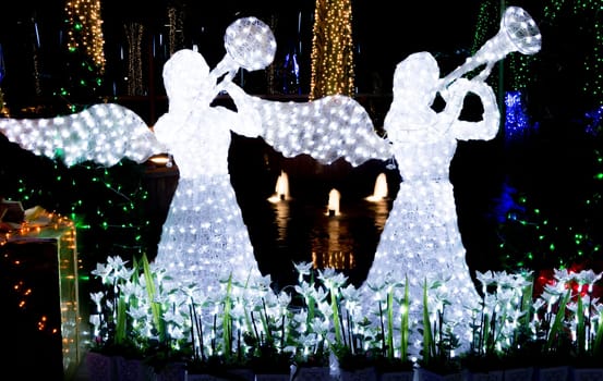 garden decorated and lighted for Christmas and for New Year Eve at Night.