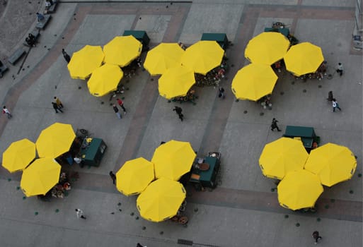 View from the tower of St. Mary's Church to Rynek Glowny Square in the old town of Krakow in the south of Poland.