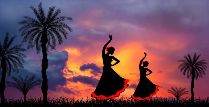 Two girls are dancing flamenco. Silhouettes of girls dancing flamenco. Sunset shines before a thunderstorm.