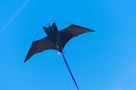 bat shaped kite against a blue sky