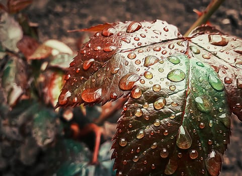 Closeup illustration of dew droplets on rose leaves. Fresh background after rain