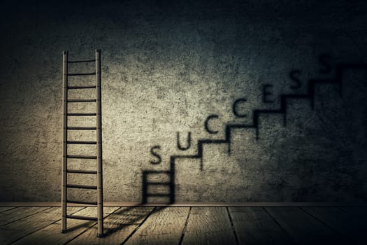 Creative idea concept with ladder in a dark room casting a shadow in a staircase shape as an infinite rise. Business aspirations, ambitions and success. Magical transformation.