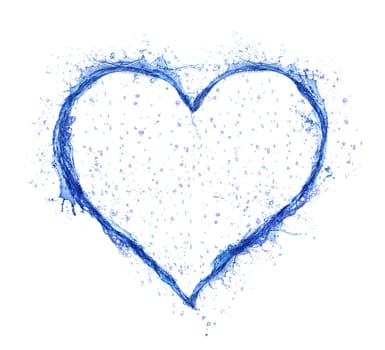 Blue water splash heart isolated on white background. Love symbol.