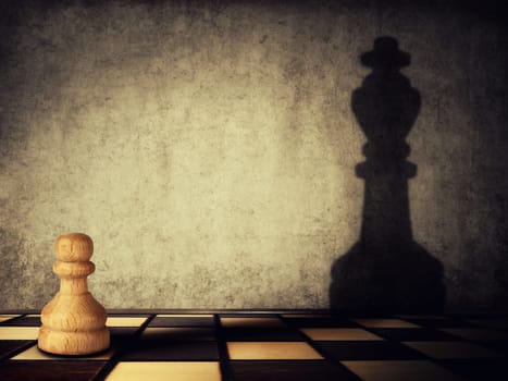 Pawn chess piece casting a shadow of a king on a concrete wall. Business aspirations and leadership concept. Magical transformation