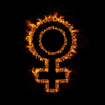 Female sign burning in flames, isolated on black background.
