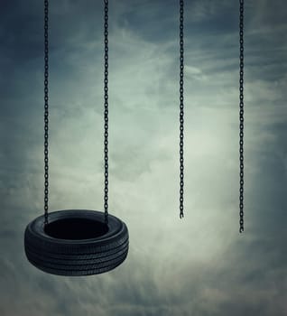 Two swings on a cloudy sky background, one whole and another broken. Adventure. leadership and opposition concept.